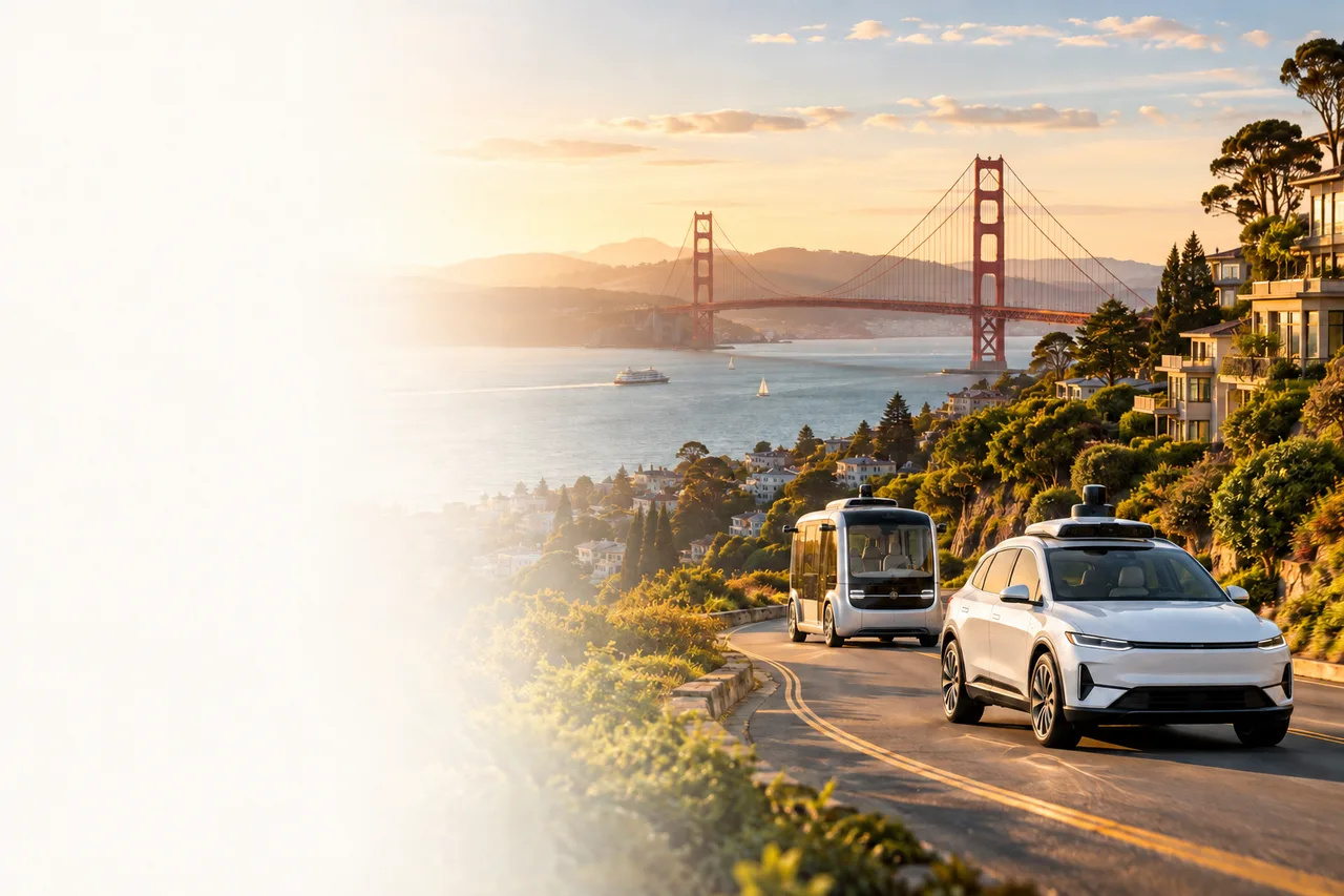 A driverless car and a small autonomous shuttle on a coastal road above San Francisco Bay at sunset, with the Golden Gate Bridge behind them